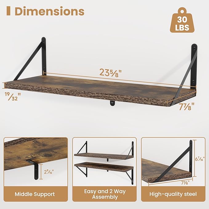 Heimlove 24 Inches Rustic Brown Floating Shelves,8 Inches Deep Wall Bookshelf Mounted Display&Storage Wood Wall Shelves for Kitchen Bathroom Laundry Living Room,Set of 3-Ruum Studio Home