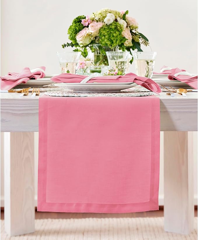 Solino Home Linen Table Runner 120 Inches Long - 100% Pure Linen Pink Carnation Table Runner 14 x 120 Inch for Halloween - Fete-Ruum Studio Home