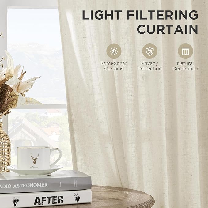 Joydeco Linen Curtains 84 Inch Length 2 Panels,Light Filtering Drapes 52 Inches Wide with Back Tab Rod Pockets (84" L x 52" W, Ivory on Linen)-Ruum Studio Home