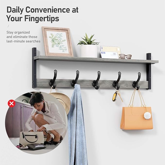 Tatub 29" Rustic Coat Rack Wall Mount with Shelf, Entryway Wall Hooks with Shelf and 5 Metal Hooks, Coat Hangers for Bathroom, Living Room, Bedroom, Kitchen, Grey-Ruum Studio Home