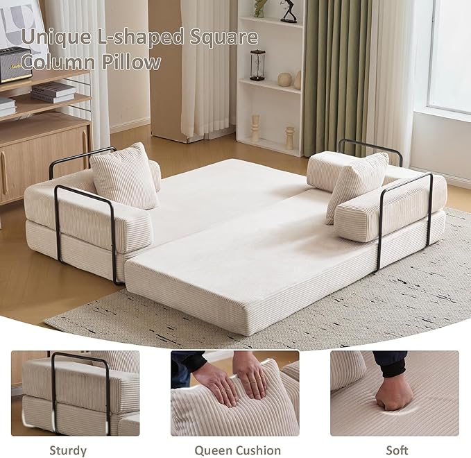 Convertible Sleeper Sofa Bed, Compression Folding Sofa with Pillow, No Assembly Required, Shape Frame, Floor Sofas Lounge Couch for Living Room, Bedroom, Small Spaces(Corduroy, 77''W, Off-white)-Ruum Studio Home