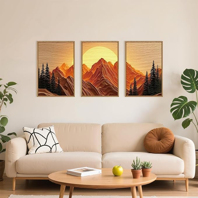 Large Mountain Framed Canvas Wall Art Set, Abstract Ridge Sun Painting, Boho Sunset Scenery Wall Decor,Modern Natural Landscape Art Print for Living Room,Bedroom,Office-16 x24 x3-Ruum Studio Home