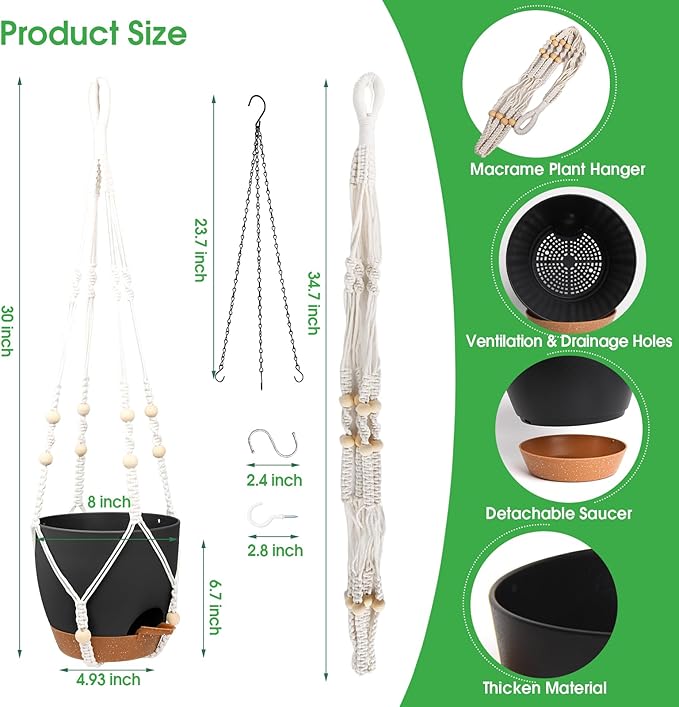 Hanging Planters for Indoor Outdoor Plants, 2 Pack Self Watering Hanging Pot with Drainage Holes, Removable Tray & 2 Kinds of Plant Hangers, 8'' Hanging Flower Pots for Home Garden Decor, Black-Ruum Studio Home