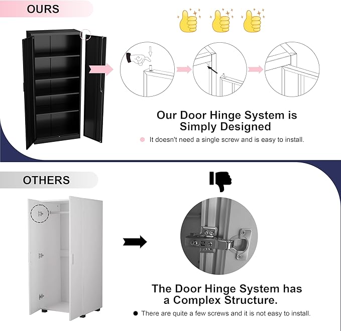 71" Garage Storage Cabinets with Lock, Cabinets with Doors and Shelves, Kitchen Pantry Cabinet, Metal Cabinet for Office, Garage, Shop, School, Assemble Required, Black-Ruum Studio Home