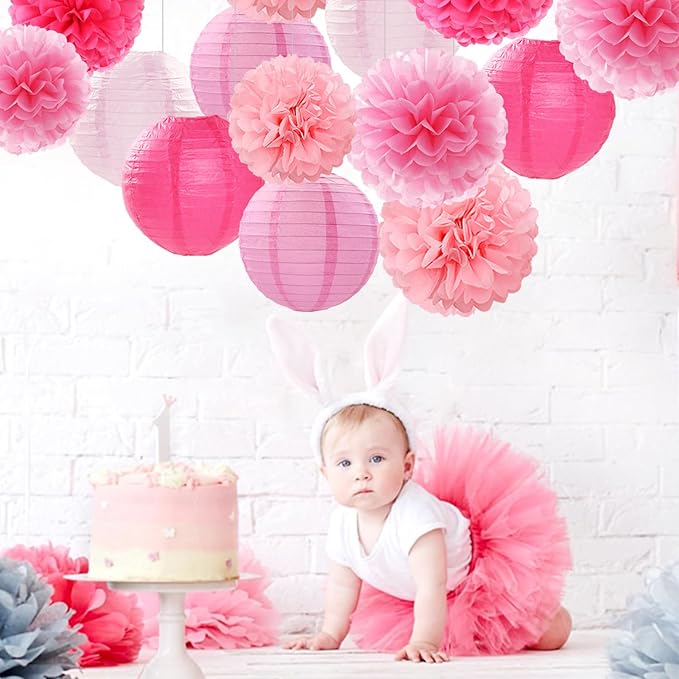Light-Hot Pink Party-Decorations Paper-Flowers Lanterns - 15pcs Graduation Girl Birthday Decor Tissue Pom Poms Streamers, Bridal Baby Shower Wedding Bachelorette Valentine Hanging Supplies Hugfond-Ruum Studio Home