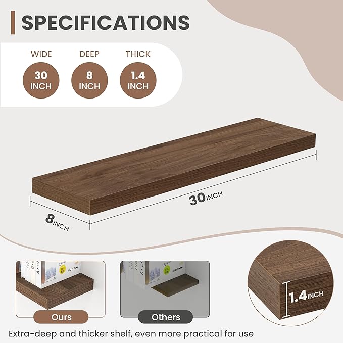 30 Inch Floating Shelves, 8 Inch Deep Floating Shelves for Wall, Hanging Shelf with Invisible Brackets, Deep Shelves for Bathroom, Bedroom, Living Room, Walnut, Set of 2-Ruum Studio Home