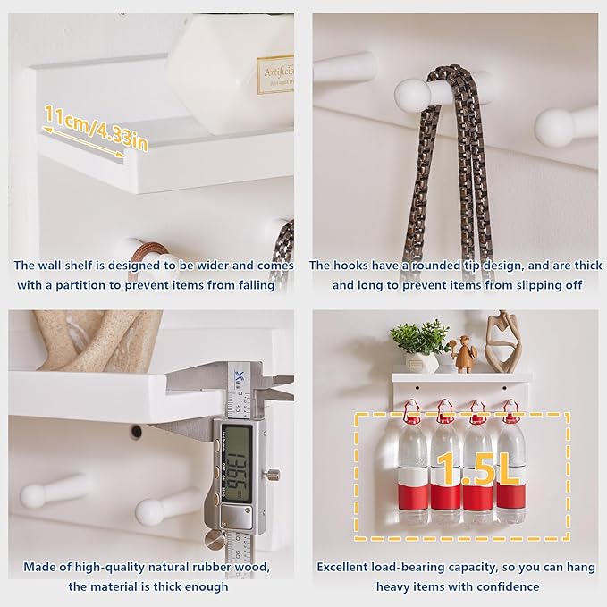Wood Coat Hook with Wall-Mounted Shelf,15.75in Entryway Wall Hanging Shelf,for Bathroom, Kitchen,Coat Towel Key Organizer White YD-WS0240W-Ruum Studio Home