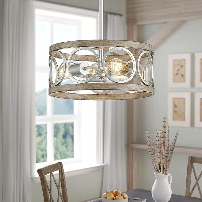 XINGQI Modern Ceiling Light Adjustable Height Pendant Lighting Fixture Brushed Nickel Wood Grain Metal 13" Rustic Round Lights for Dining Room Kitchen Bedroom Foyer Hallway-Ruum Studio Home