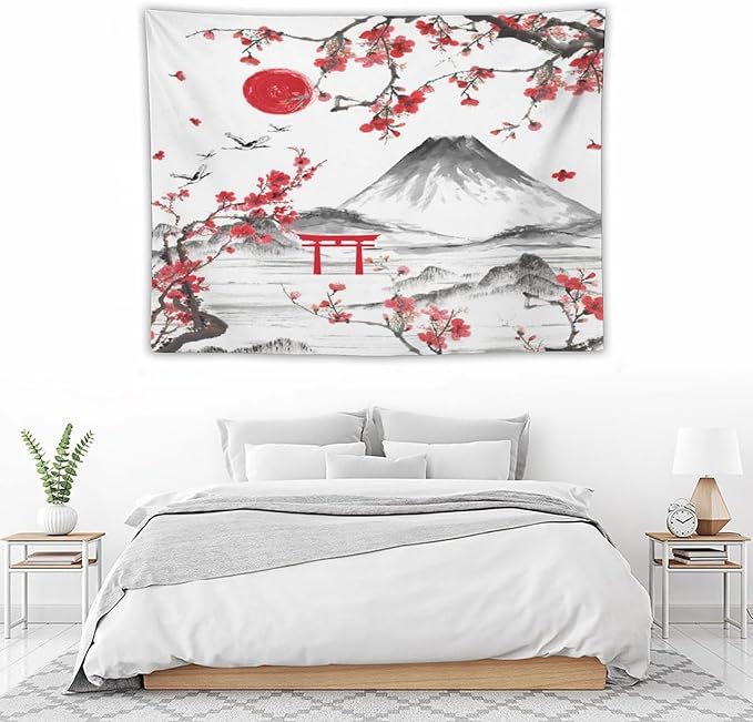 Red Cherry Blossoms Tapestry, Japanese Fuji Mountain Tapestry, Asian Japanese Wall Tapestry, Nature Landscape Tapestries for Bedroom Living Room Decor 40"x30"-Ruum Studio Home