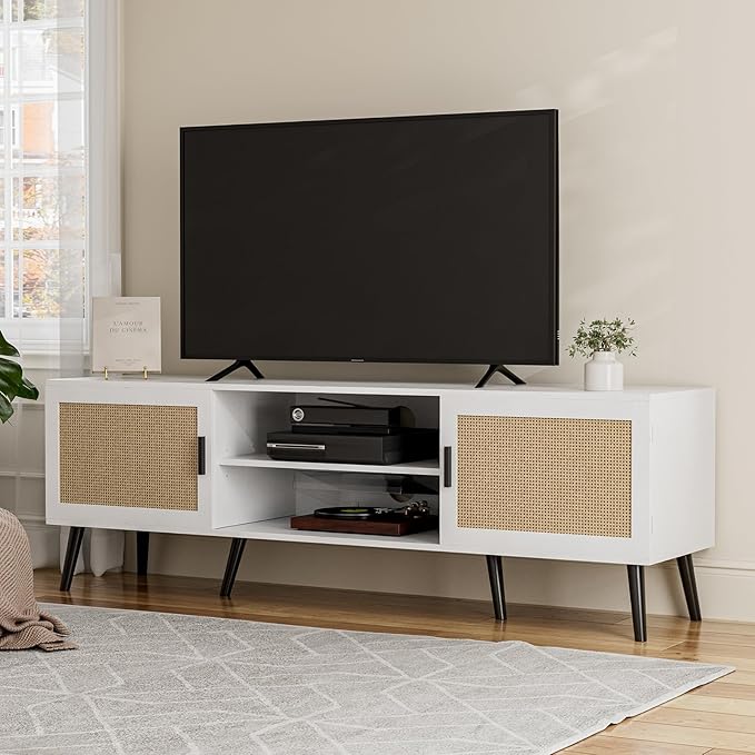 TV Stand for TVs up to 65'', Mid Century Modern Entertainment Center with Rattan Door, Shelves & 2 Cabinets, Boho Media TV Console for Living Room, Bedroom, White-Ruum Studio Home