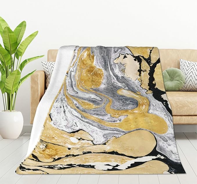 HGOD DESIGNS Gold Golden and Silver Marble Ink Abstract Painting Flannel Fleece Bed Blanket Throw Blanket Lightweight Cozy Plush Blanket for Bedroom Living Rooms Sofa Couch 50"x60"-Ruum Studio Home