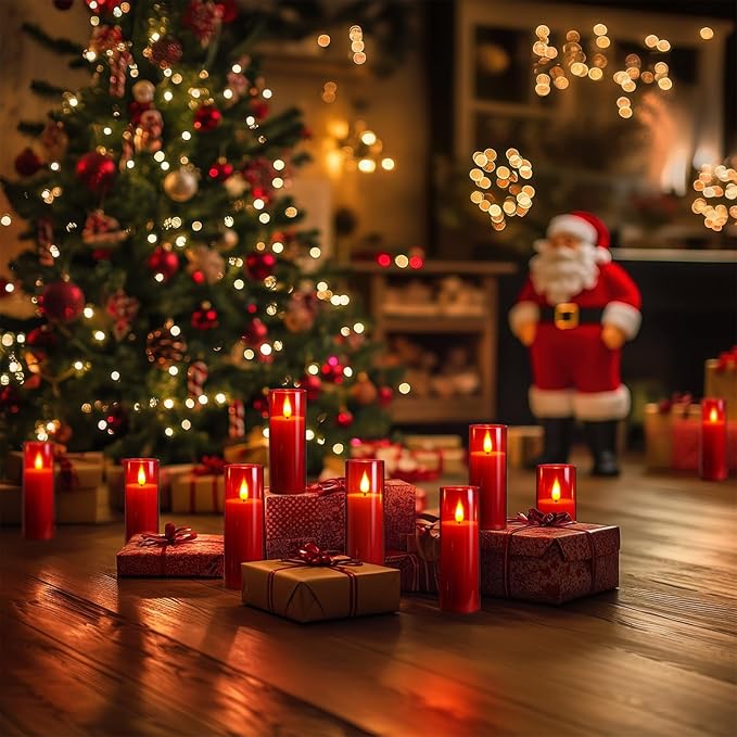Amagic Christmas Red Flameless Candles, Battery Operated Candles with Remote and Timer, Acrylic Flickering LED Candles for Thanksgiving Decor, D2.2''xH5''6" 7", Set of 9-Ruum Studio Home