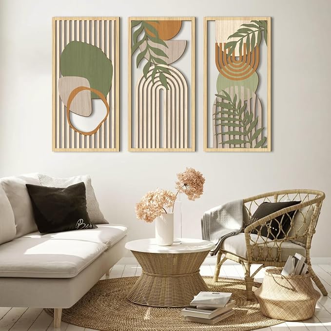 IARTTOP Boho Mid-century Modern Wood Wall Art 16x32 Inch Large Green Abstract Wood Wall Decor Mid Century Bohemian Artwork for Bedroom Living Room Office Kitchen Set of 3-Ruum Studio Home