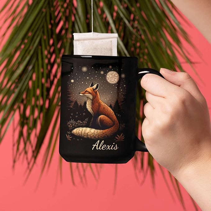 Animal Lover Mug with Custom Name, Nature Inspired Coffee Mug 11oz or 15oz, Personalized Cute Fox Ceramic Cup, Unique Animal Art Black Coffee Cup, Gifts for Friends, Family-Ruum Studio Home