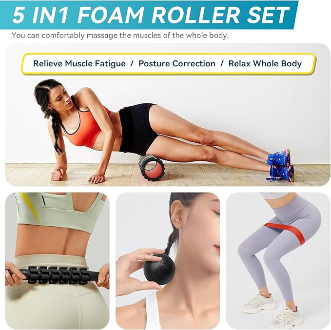 5 in1 Foam Roller Set for Deep Tissue Muscle Massage, High Density Fitness Exercise Foam Roller, Massage Roller, Massage Ball, Resistance Band, for Whole Body (Black)-Ruum Studio Home