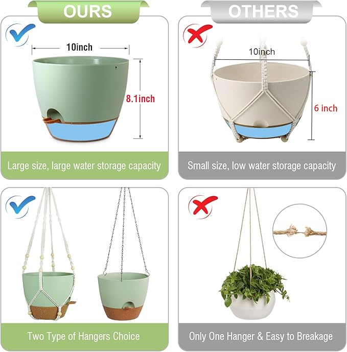 10 inch Self Watering Hanging Planters for Indoor Plants, 2 Pack Hanging Baskets for Outdoor Plants, Hanging Flower Pots with Drainage Holes & 2 Kinds of Plant Hangers for Home Decor, Green-Ruum Studio Home