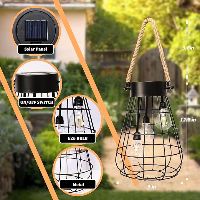 Solar Hanging Lantern with Rope, Vintage Industrial Pendant Light, 12.8" Solar Powered Outdoor Lantern, IP65 Waterproof Garden Light, Warm White Glow, Rechargeable for Patio, Porch, Yard Decor-Ruum Studio Home