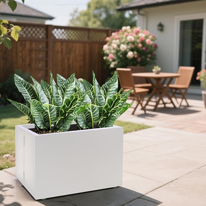 Metal Planter Box Rectangular Block-No Installation Required Galvanized Steel Long Box Planter Modern Outdoor Planters All-Weather Use with Drainage Holes for Patio/Porch,16 ×12×12IN（White）-Ruum Studio Home