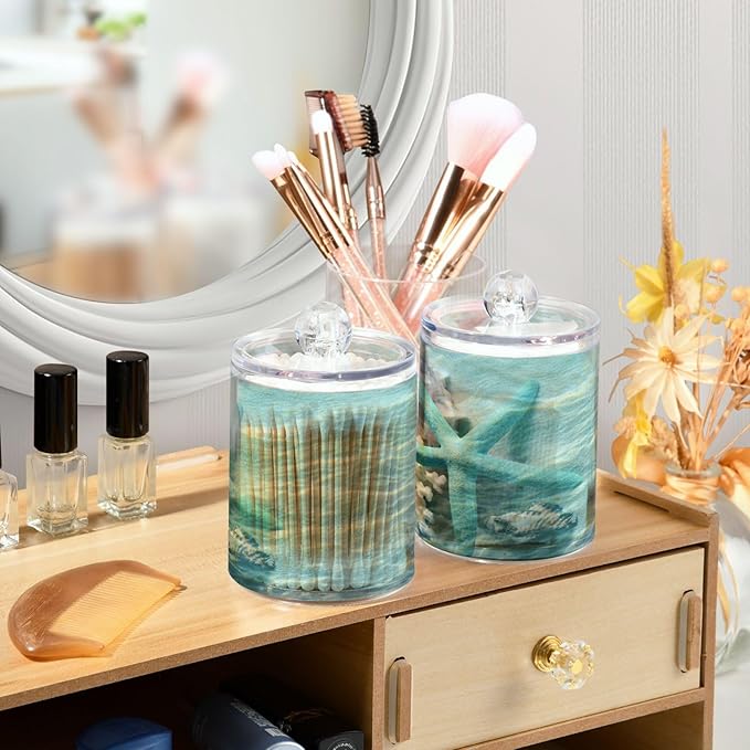 2 Pack Qtip Holder Organizer Dispenser Seashell Starfish Summer Beach Bathroom Storage Canister Cotton Ball Holder Container for Cotton Swabs/Pads/Floss-Ruum Studio Home