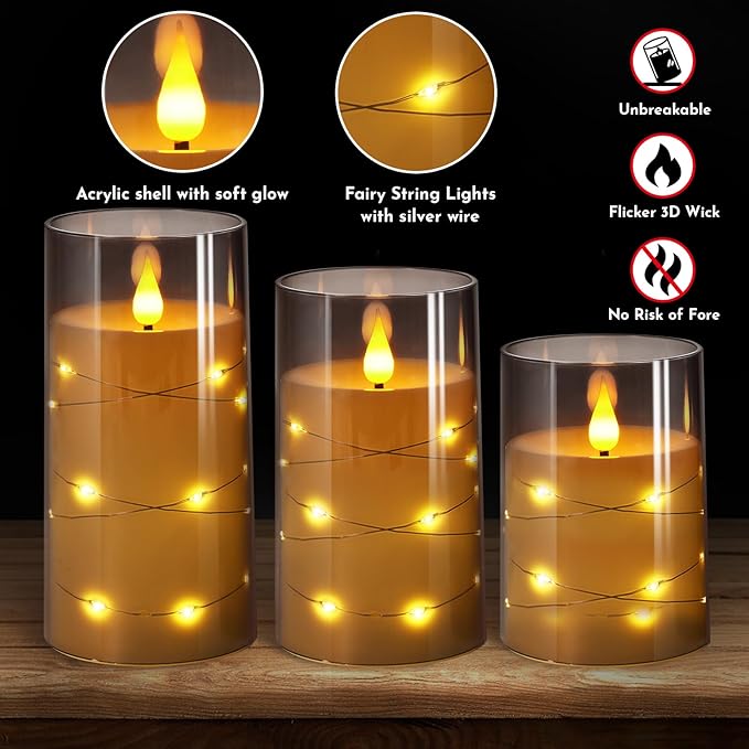 NURADA Flickering Flameless Candles: Built-in Star String Lights Unbreakable 3D Wick Acrylic Battery Operated LED Pillar Candles with Remote and Timer for Romantic Mood Home Decoration - 3 Pack Gray-Ruum Studio Home