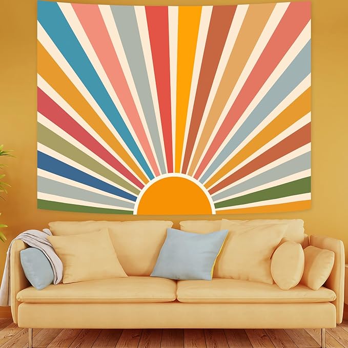 Kanuyee Boho Burning Sun Tapestry Wall Hanging, Retro 70s Abstract Vintage Geometric Rainbow Sunrise Tapestries for Bedroom Living Room Backdrop 60×80 inch-Ruum Studio Home