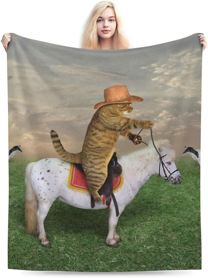 HGOD DESIGNS Funny Cat Throw Blanket Ultra Soft Warm All Season The Cat Cowboy on a Horse Decorative Fleece Blankets for Bed Chair Car Sofa Couch Bedroom 40"X50"-Ruum Studio Home