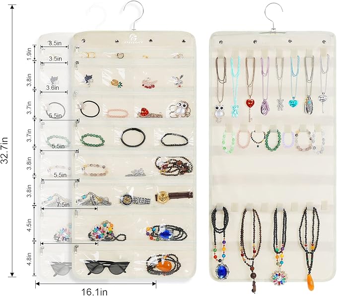 Freegrace Hanging Jewelry Organizer Revolving Hanger - Secure Zipper Closure - 25 Pockets,23 Hooks - Foldable Storage & Display Solution - For All Jewelry & Bijoux (Beige)-Ruum Studio Home