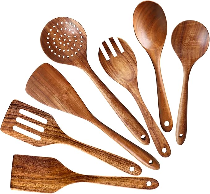 7 Pcs Acacia Wood Cooking Utensils Set Large Wooden Spoons for Cooking Spatula Salad Mixing Spoon Non Toxic Utensil for Kitchen Use Spatulas Non Stick Turner Slotted Serving Spoon Kitchen Utensils-Ruum Studio Home