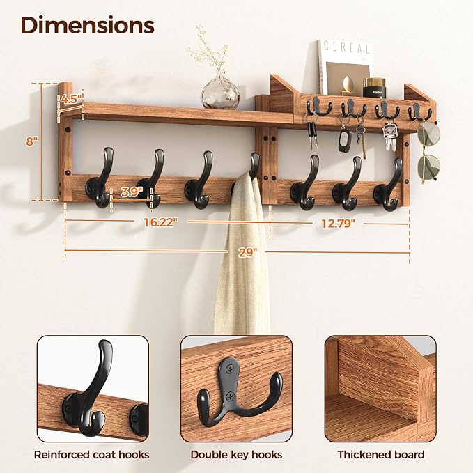 29" Coat Rack Wall Mount with Shelf, 4 in 1 Wall Mounted Coat and Key Hanger with 11 Hooks, Entryway Key Holder with Mail Holder for Living Room, Bedroom-Ruum Studio Home