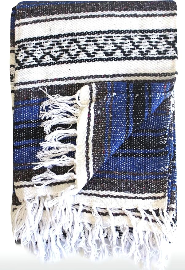 Del Mex Classic Mexican Blanket, Large Authentic Woven Falsa Throw (70"x50"), Artisan Southwest Décor for Beach, Yoga, Outdoors (Blue)-Ruum Studio Home