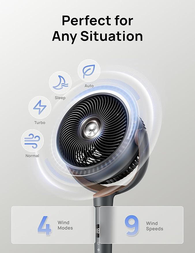 Dreo Fan for Bedroom, 120° Oscillating Standing Fans, Quiet Floor Fan with DC Motor, 100ft Pedestal Fans for Room, 9 Speeds, 4 modes, 20dB, 120° Manual Vertical, 37-42" Adjustable Height, 9H Timer-Ruum Studio Home