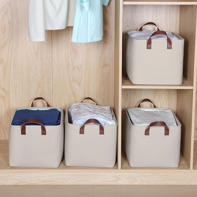 KEEGH Storage Baskets for Organizing, Fabric Storage Bins for Shelves with Leather Handle, Shelf Baskets for Closet Organization Closet Organizer Bins for Clothes, 15" L x 11" W x 10" H, Beige, 4 Pack-Ruum Studio Home