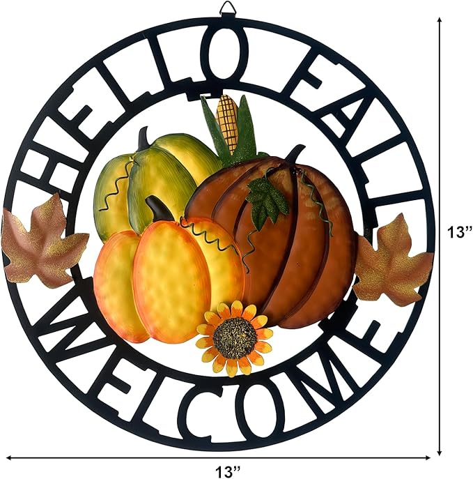 Metal Hanging Pumpkin Hello Fall Welcome Wreath Autumn Fall Harvest Decor for Front Door, Rustic Farmhouse Seasonal Thanksgiving Halloween Decoration-13''H-Ruum Studio Home