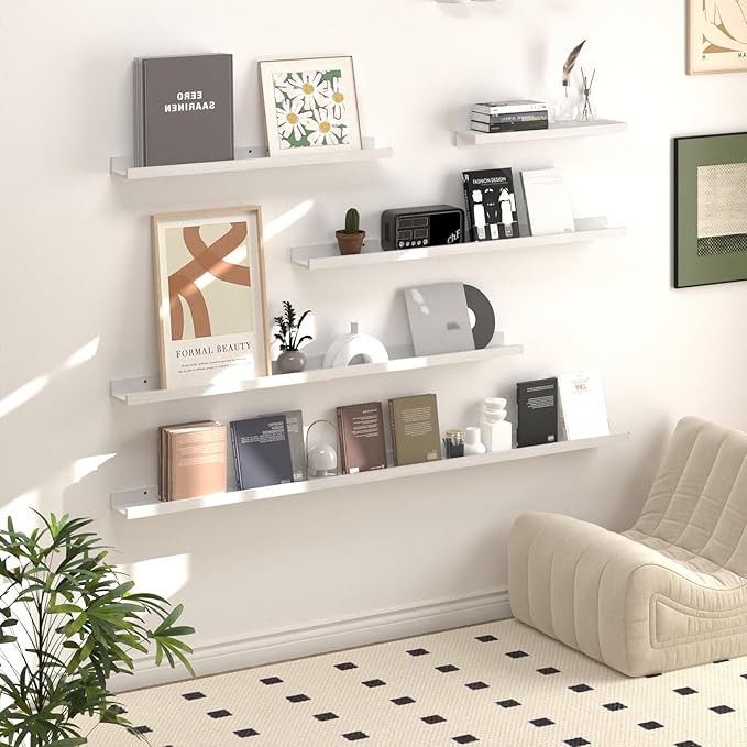 SAUMONIERES Picture Ledge Shelf Floating Book Shelves Set of 2 Wall Mounted Solid Wood for Bedroom Bathroom Living Room Kitchen, 55 Inch White-Ruum Studio Home