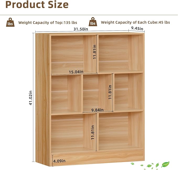 LEYAOYAO 7 Cube Bookshelf with Base,3 Tier Mid-Century Modern Natural Bookcase,Standing Wide Bookshelves Storage Organizer Shelf,Rustic Wood Display Cabinet Book Shelves for Bedroom,Living Room,Office-Ruum Studio Home