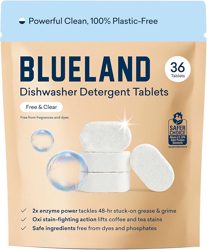 BLUELAND 100% Plastic-Free Dishwasher Detergent Tablets, 36 Count, Free & Clear, Eco-Friendly Dishwashing Pods, Natural, Sustainable-Ruum Studio Home