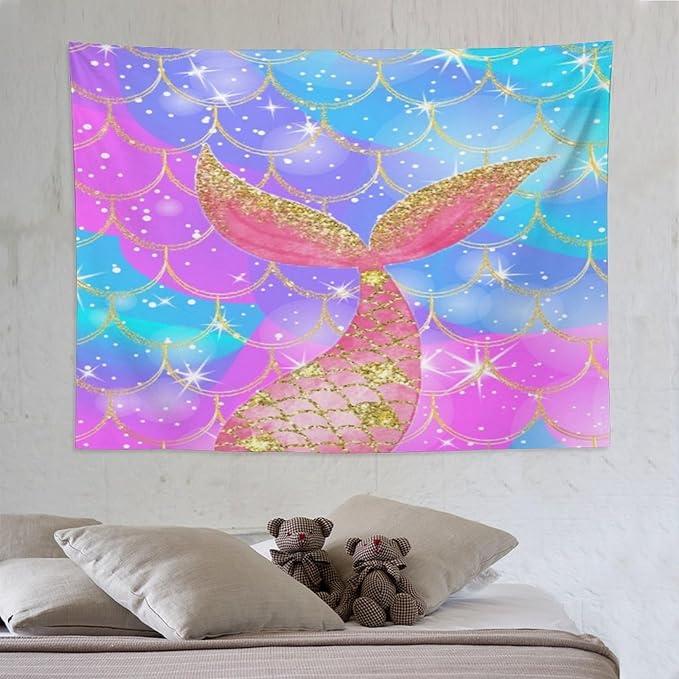 HZOHNAGO Mermaid Scales Tapestry Colorful Shiny Scales Mermaid Tail Pattern Printed Wall Tapestry Wall Hanging for Bedroom Living Room Dorm 80" W x 60" H-Ruum Studio Home