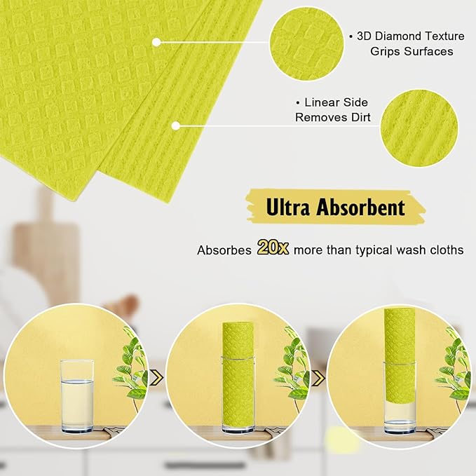 Swedish Dishcloths for Kitchen | 6 Pack Absorbent Cellulose Sponge Cloths Washable | Non-Scratch Reusable Paper Towels Quick Drying Cleaning Cloths - Yellow-Ruum Studio Home