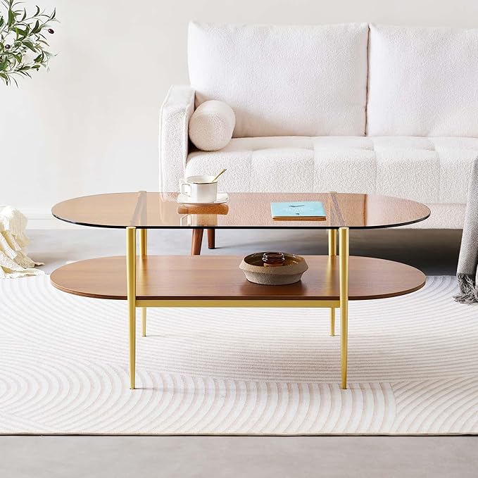 Oval Glass Coffee Table, Mid-Century Modern Design, L41 x W21 x H17 inch, for Living Room, 2-Tier Structure, Amber Glass Top and Walnut Finish Wood Shelf, Conical Legs with Gold Finish Frame-Ruum Studio Home