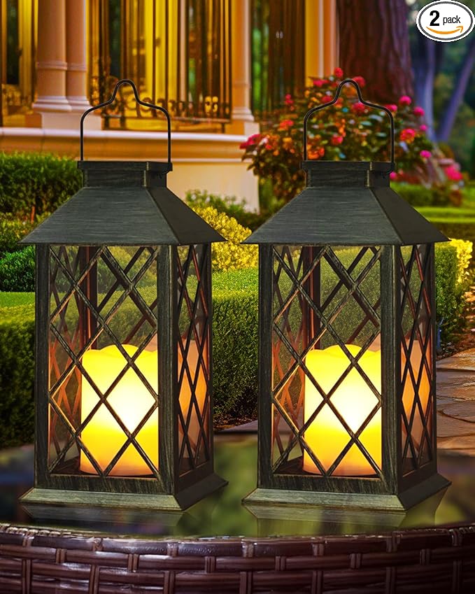 Otdair Solar Lanterns Outdoor Waterproof, 2 Pack 14" Solar Lantern with Glass Retro LED Flickering Flameless Candle,Lanterns Decorative Outdoor for Gift, Yard, Garden, Patio, Balcony,Porch, Party-Ruum Studio Home
