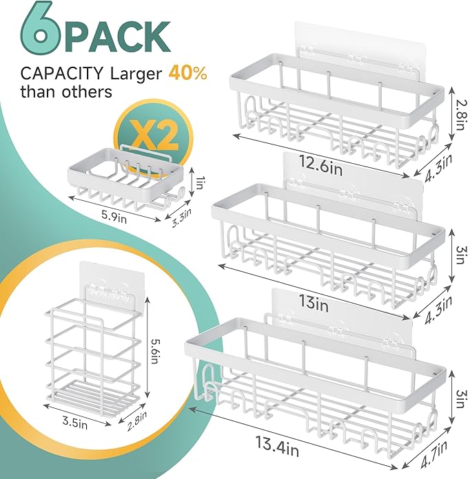 Veken 6-Pack Rustproof Waterproof Shower Caddy, Adhesive Shelves Rack with Soap Holder, Large Bathroom & Washroom Organizer, No Drilling Wall-Mounted Kitchen & Home Decor, Ideal for Bathtub Storage-Ruum Studio Home