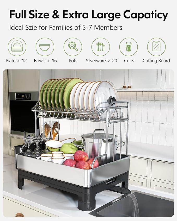 BOOSINY Extra Large Stainless Steel Dish Drying Rack, 2 Tier Dish Racks for Kitchen Counter, Dish Drainer with Drainboard Set, Full Size Dish Dryer Rack with Utensil Holder, Black-Ruum Studio Home