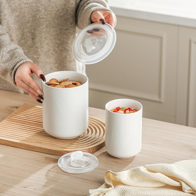 Food Storage Containers with Airtight Lids: Ceramic Canister Sets for Kitchen Countertop - Porcelain Jar for Coffee Tea Flour Sugar Rice Cookies Candy - White (23+42 oz)-Ruum Studio Home