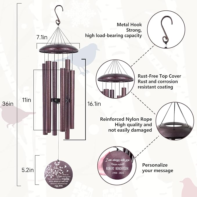 ASTARIN 36" Deep Tone Personalized Wind Chime Memorial, Tree of Life Custom Sympathy Gifts for Loss of Mom/Dad, Bird Remembrance Wind Chimes for Grieving Funeral Condolences(Produced in USA)-Ruum Studio Home