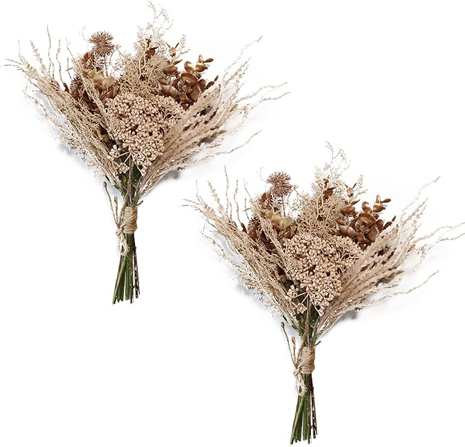 2 Pack Boho Artificial Flowers Plants Bouquet Decoration 13.8inch, Fake Plastic Brown Eucalyptus and Beige Grasses, Faux Floral Arrangement for Wedding Centerpieces Party Home Fall Decor-Ruum Studio Home