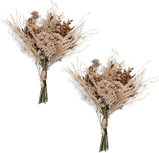 2 Pack Boho Artificial Flowers Plants Bouquet Decoration 13.8inch, Fake Plastic Brown Eucalyptus and Beige Grasses, Faux Floral Arrangement for Wedding Centerpieces Party Home Fall Decor-Ruum Studio Home