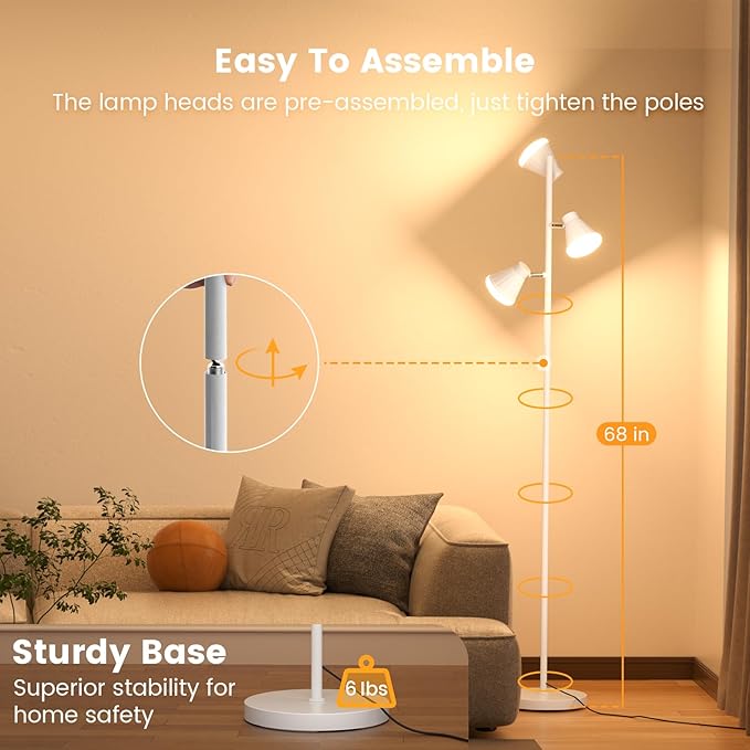 36W LED Tree Floor Lamp, Dimmable Tall Standing Lamp with Remote & Touch Control, 4 Color Temperatures Bright Floor Lamp, 3 Rotatable Light Modern Floor Lamps (White)-Ruum Studio Home
