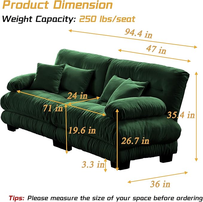 Modular Sectional Sofa, Comfy Cloud Couch Oversized Loveseat, Sectional Couches for Living Room, Modern Chenille Couch for Bedroom, Sleeper Deep Seat Sofa with Throw Pillows, Green-Ruum Studio Home