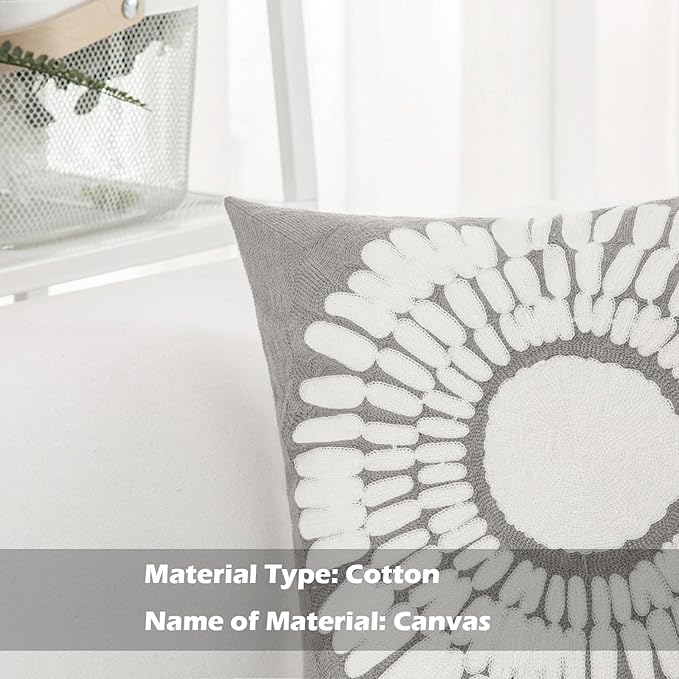 HWY 50 Grey Gray Decorative Throw Pillow Covers 18x18 Inch (1 Piece), Modern Embroidered Cotton Farmhouse Cushion Cover Pillow Case for Couch Living Room Bed Sofa, Sunflower-Ruum Studio Home