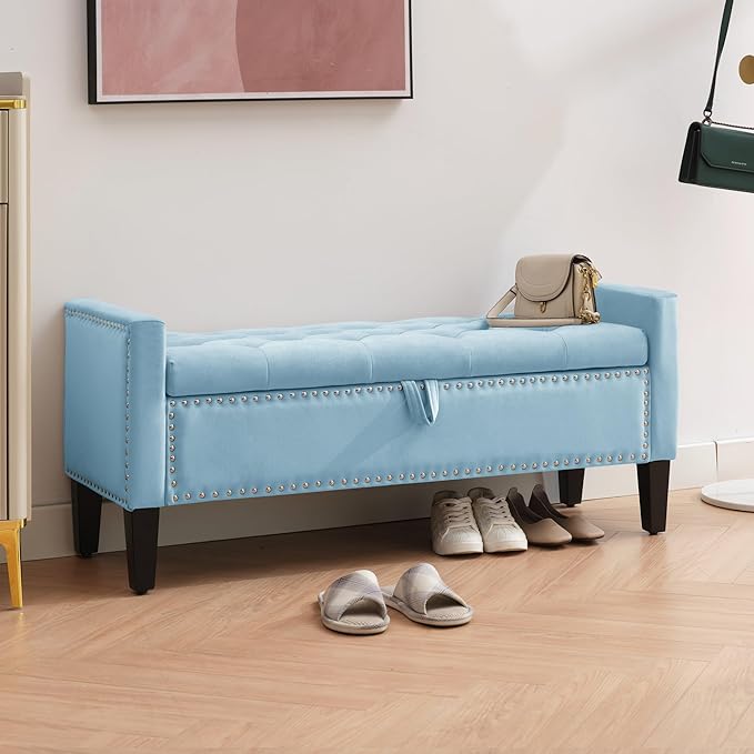 Storage Ottoman Bench, Velvet Upholstered Footstool for Bedroom and Living Room, Tufted Seat with Storage, Wooden Legs & Metal Rivets, Light Blue-Ruum Studio Home